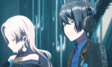 a boy and a girl are standing next to each other and the girl is wearing headphones