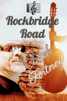 a poster for rockbridge road shows a man holding a guitar in front of a stone wall