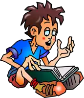 a cartoon of a boy reading a book