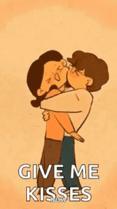 a man is holding a woman in his arms and kissing her .