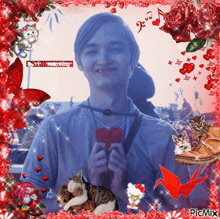 a picture of a man holding a heart is surrounded by red flowers