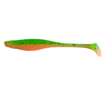 a green and orange plastic lure with a white background