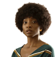 a woman in a green and yellow striped shirt has a large afro