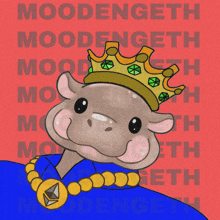 a cartoon drawing of a hippo wearing a crown and a necklace with the word moodengeth on the bottom