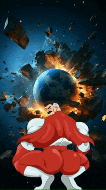 a cartoon of a man in a red cape standing in front of a exploding planet