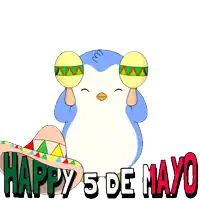 a happy 5 de mayo greeting card with a penguin wearing a sombrero holding maracas