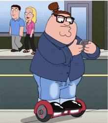 a cartoon of peter griffin riding a hover board