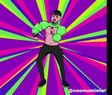 a cartoon of a man dancing in front of a purple and green striped background