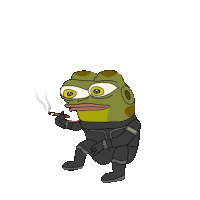 a frog in a black suit is smoking a cigarette and has the word hope on his chest