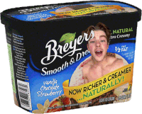 a container of breyers smooth & creamy vanilla chocolate strawberry