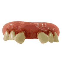 a close up of a fake teeth with a red border