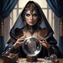 a painting of a woman holding a crystal ball with tarot cards in front of her