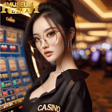 a woman wearing glasses stands in front of a slot machine that says museum bola on it