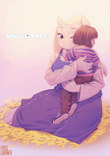 a cartoon drawing of a woman holding a child with the word undertale written on the bottom