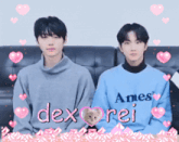 two boys are sitting on a couch and one has a sweater that says dexrei