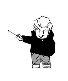 a black and white drawing of a man holding a pointer .