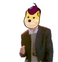 a man with a doge face on his head holds a microphone