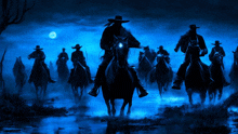 a group of cowboys riding horses in the dark with a full moon behind them