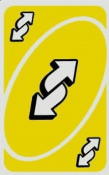 a yellow uno card with two black arrows pointing in opposite directions