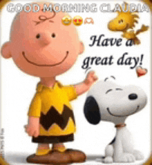 charlie brown and snoopy are standing next to each other and saying have a great day