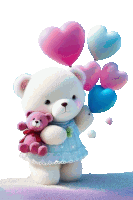 a teddy bear holding a pink teddy bear and a bunch of heart shaped balloons