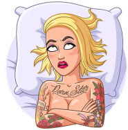 a cartoon of a woman laying on a bed with her arms crossed and a tattoo on her chest .