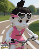 a doll wearing heart shaped sunglasses is riding a bike