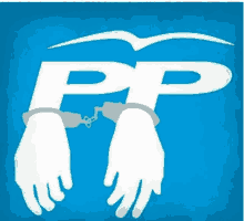 a blue background with a pair of handcuffed hands and the letter pp