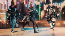 a group of futuristic soldiers are dancing on a street