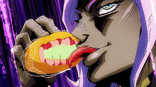 a cartoon character with purple hair is licking an orange with his tongue out .