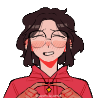 a drawing of a girl wearing glasses and a red hoodie with a star on her neck