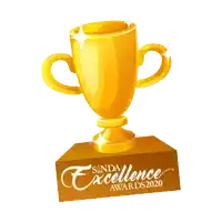 a gold trophy sits on a pedestal with the words sanda excellence awards 2020 on it