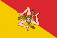 a red yellow and white flag with a naked woman on it