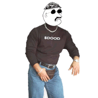 a man wearing a black shirt with the word dood on it