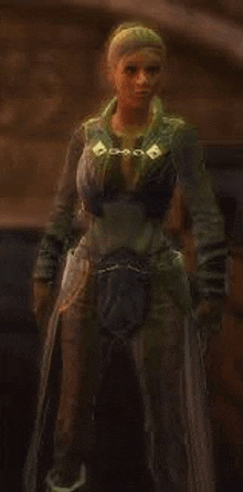 a woman in a green outfit is standing in a dark room holding a gun .