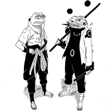 a black and white drawing of two frogs standing next to each other holding swords