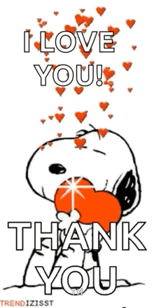 snoopy is holding a heart in his mouth and saying i love you ! thank you .