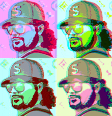 four portraits of a man with a beard wearing a hat with the letter s on it