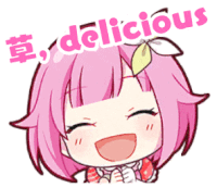 a cartoon of a girl with pink hair and the words " delicious " behind her