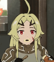 a cartoon character with yellow hair and red eyes is holding a spoon in her mouth