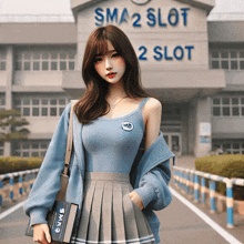 a girl standing in front of a building that says sma2 slot