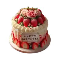 a happy birthday cake with strawberries and roses on it