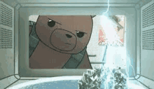 a cartoon bear is standing in front of a microwave with lightning coming out of it .