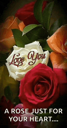 a bunch of roses with a white rose that says i love you on it