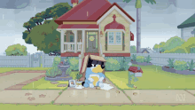 a cartoon of a dog sitting in front of a yellow house