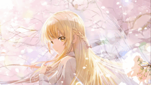 a blonde anime girl with a braid in her hair is surrounded by cherry blossoms