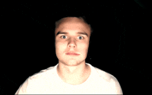 a man in a white shirt is making a surprised face in the dark