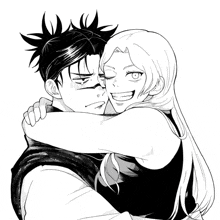 a black and white drawing of a woman hugging a man