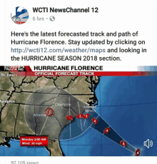 a facebook post from wcti newschannel 12 shows the latest forecasted track of hurricane florence