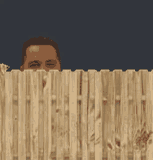 a man peeking over a wooden fence with a blue sky in the background